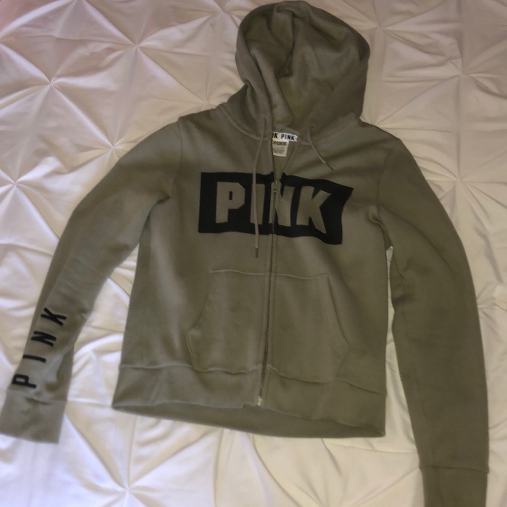 PINK Army Green Zip Up Hoodie (S)